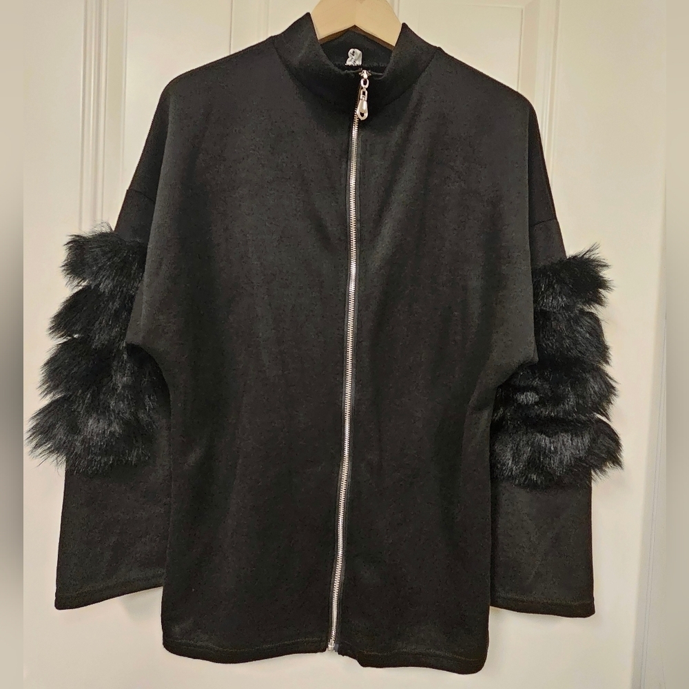 90S 80S black Faux Fur sleeve front zip jacket long sleeve Tops size M